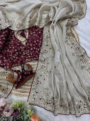 Off White Color Sequence Embroidery Work Organza Satin Silk Blend Saree 3