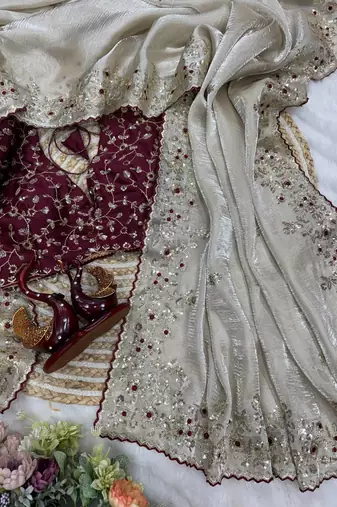 Off White Color Sequence Embroidery Work Organza Satin Silk Blend Saree