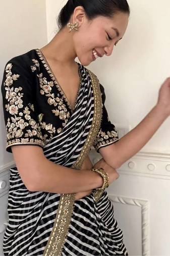 Black Color Sequence And Cording Embroidery Work With Leriya Print Georgette Saree