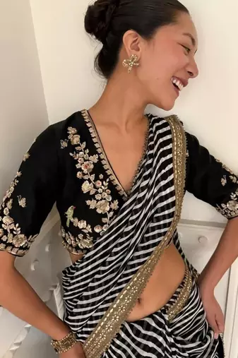 Black Color Sequence And Cording Embroidery Work With Leriya Print Georgette Saree