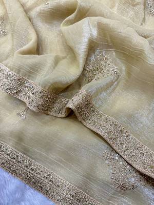 Cream Color Bead Sequins And Dori Embroidery Work Crunchy Silk Blend Saree 1