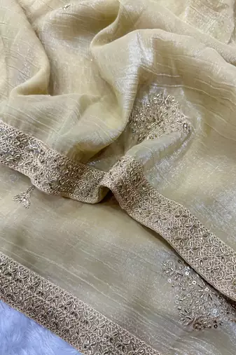 Cream Color Bead Sequins And Dori Embroidery Work Crunchy Silk Blend Saree