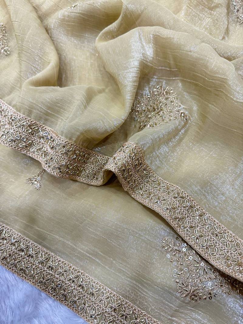 Cream Color Bead Sequins And Dori Embroidery Work Crunchy Silk Blend Saree