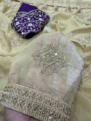 Cream Color Bead Sequins And Dori Embroidery Work Crunchy Silk Blend Saree 2