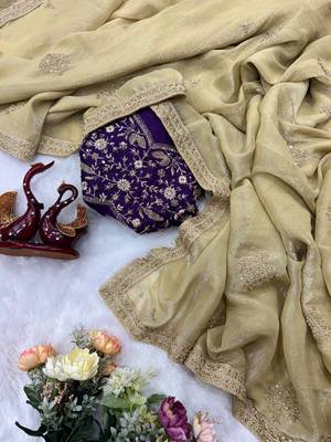 Cream Color Bead Sequins And Dori Embroidery Work Crunchy Silk Blend Saree 3