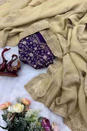 Cream Color Bead Sequins And Dori Embroidery Work Crunchy Silk Blend Saree