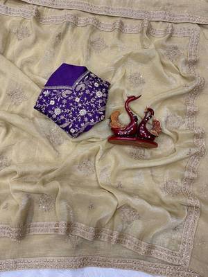 Cream Color Bead Sequins And Dori Embroidery Work Crunchy Silk Blend Saree 4