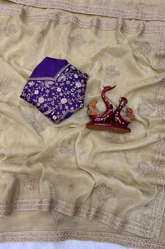 Cream Color Bead Sequins And Dori Embroidery Work Crunchy Silk Blend Saree