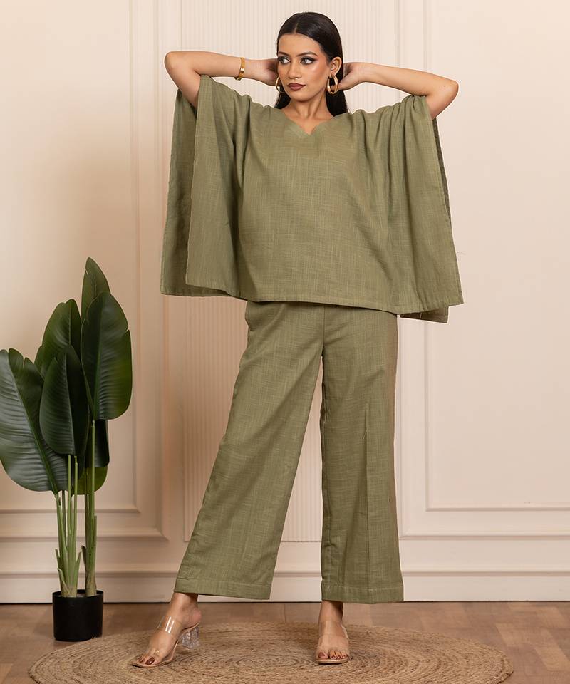 Green woven cotton co ord set
