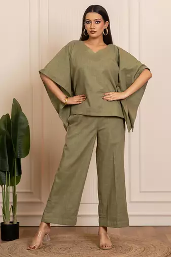 Green woven cotton co ord set
