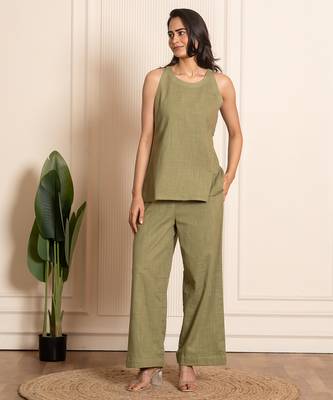 Green woven cotton co ord set 1