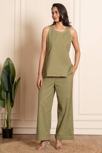 Green woven cotton co ord set