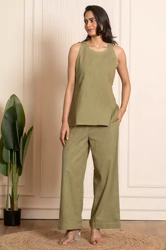 Green woven cotton co ord set