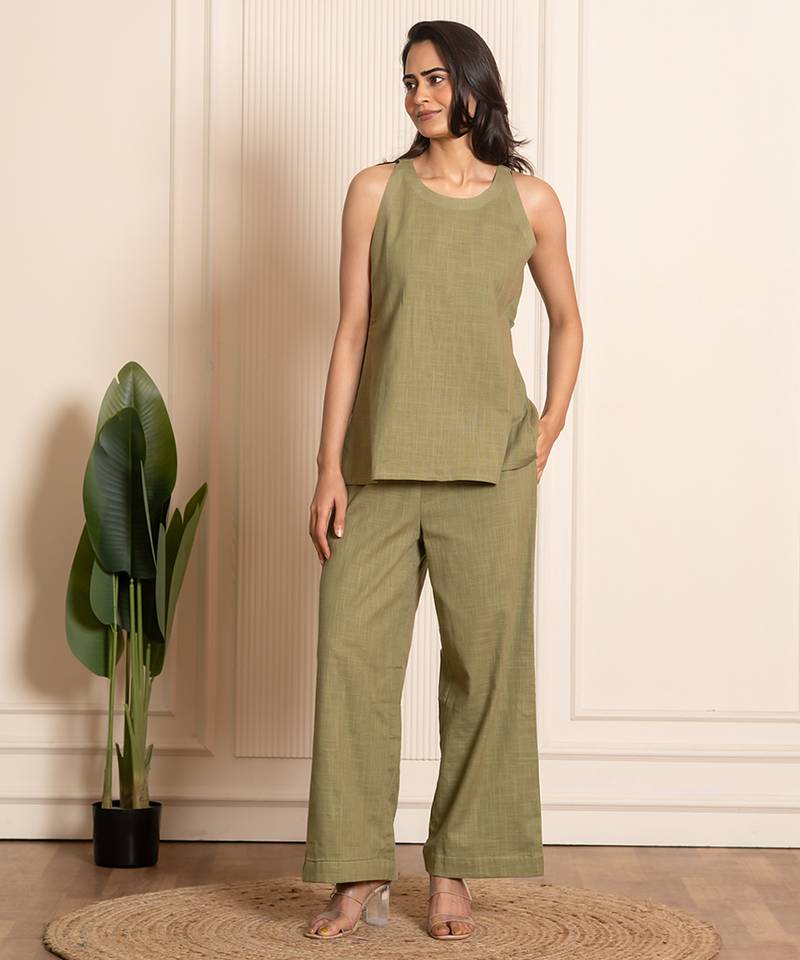 Green woven cotton co ord set
