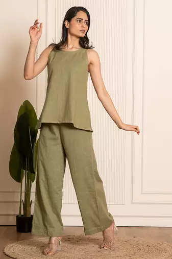 Green woven cotton co ord set