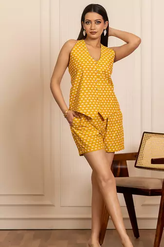 Yellow printed cotton co ord set