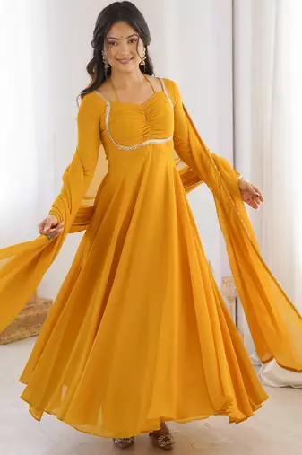yellow plus size anarkali with dupatta