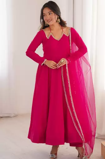 Elegant red fox blooming georgette flared anarkali gown with dupatta