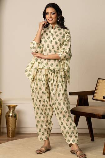 Green printed cotton co ord set