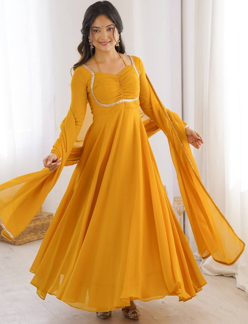 yellow plus size anarkali with dupatta