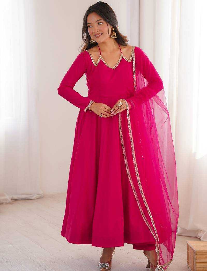 Elegant red fox blooming georgette flared anarkali gown with dupatta