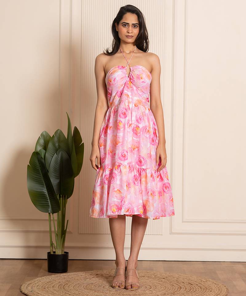 Pink printed crepe dress