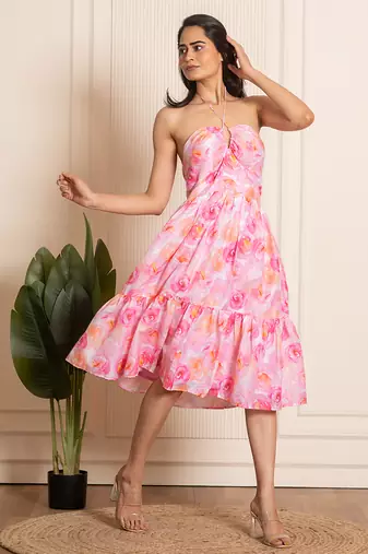 Pink printed crepe dress