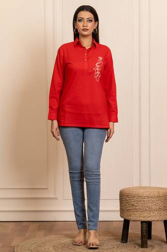 Red embroidered cotton top