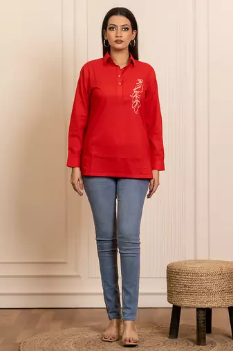 Red embroidered cotton top