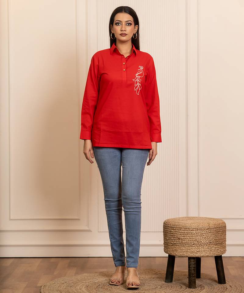 Red embroidered cotton top
