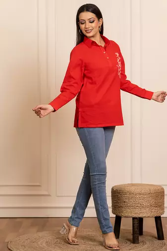 Red embroidered cotton top