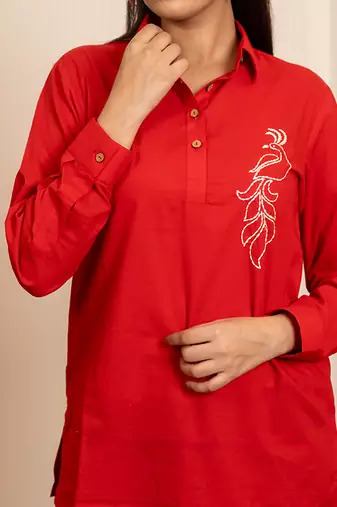 Red embroidered cotton top