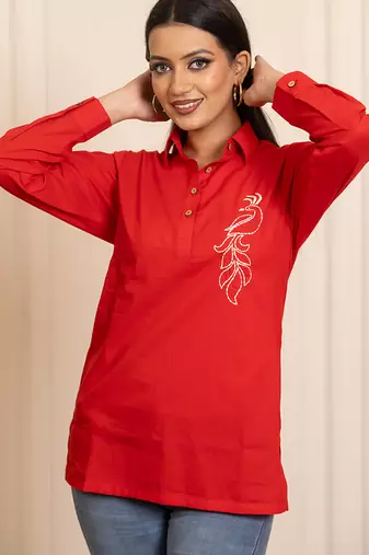 Red embroidered cotton top