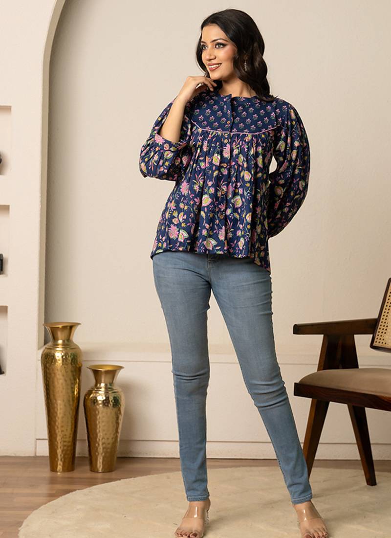 Blue printed cotton top