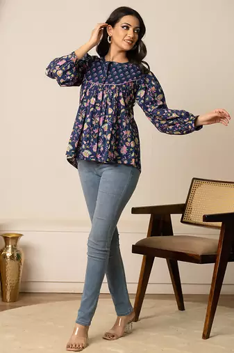 Blue printed cotton top