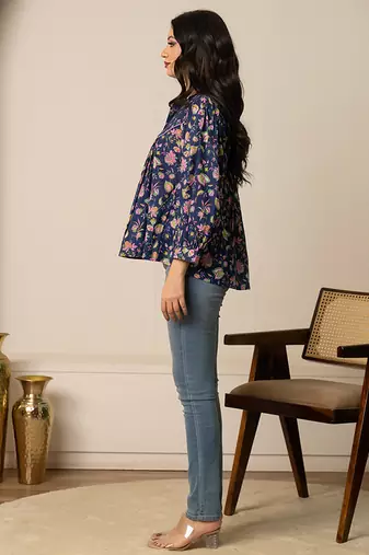 Blue printed cotton top