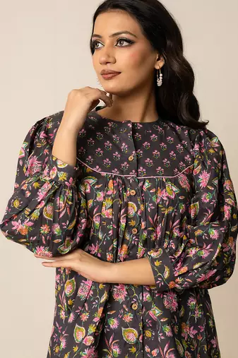 Charcoal grey printed cotton top