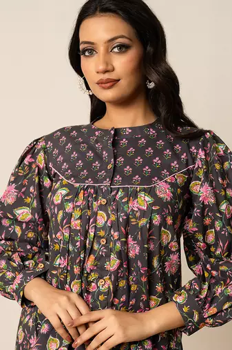 Charcoal grey printed cotton top