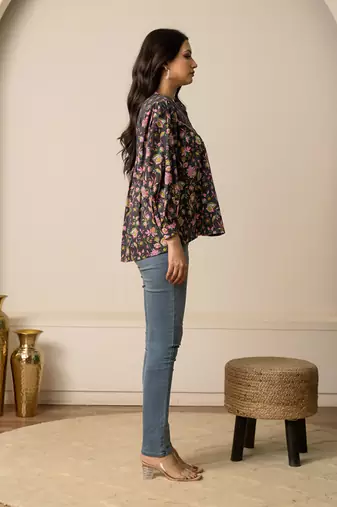 Charcoal grey printed cotton top