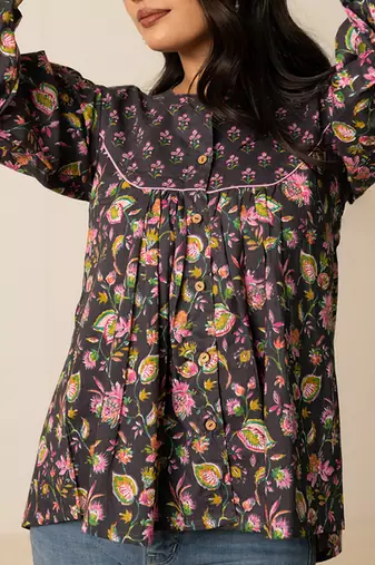 Charcoal grey printed cotton top