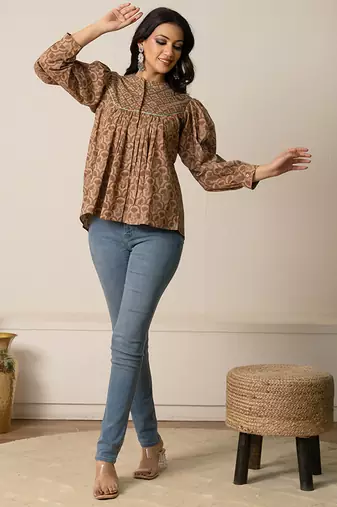 Brown printed cotton top
