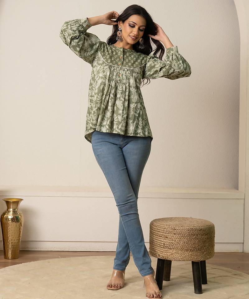 Green printed cotton top