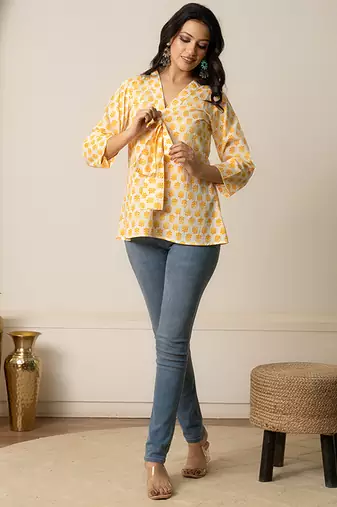 Yellow printed cotton top