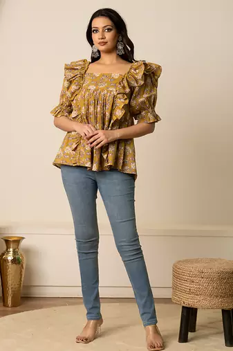 Mustard yellow printed cotton top