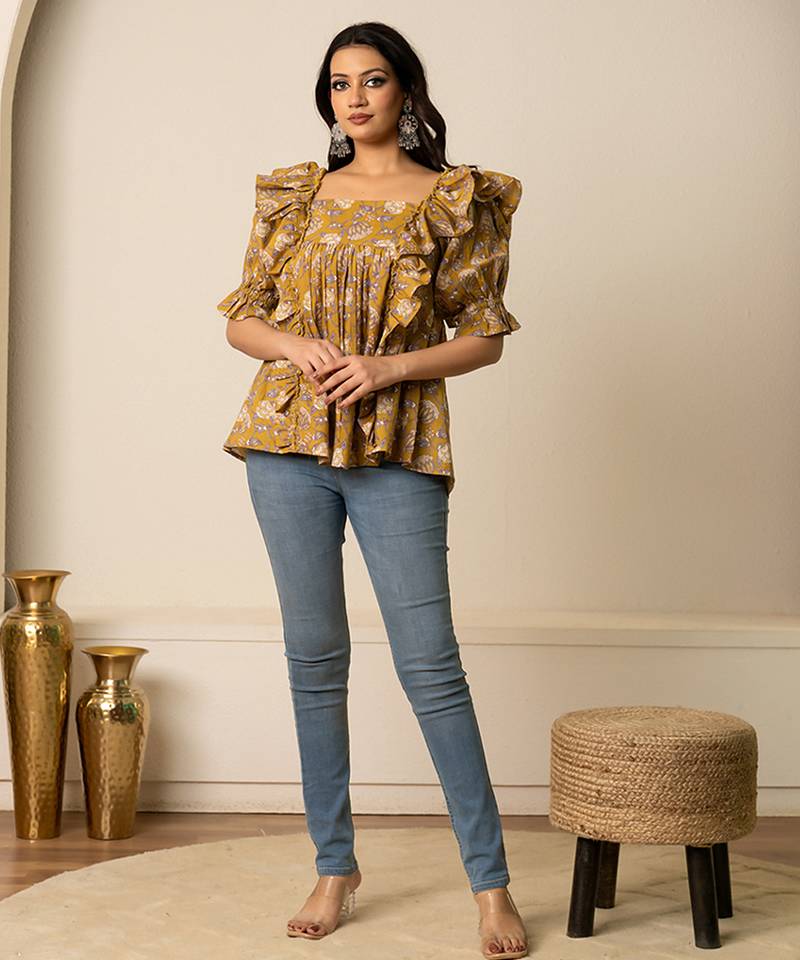 Mustard yellow printed cotton top