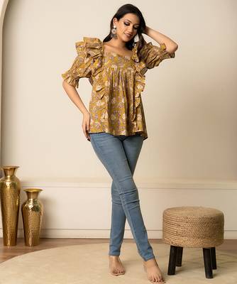 Mustard yellow printed cotton top 2