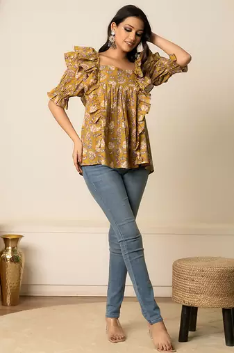 Mustard yellow printed cotton top