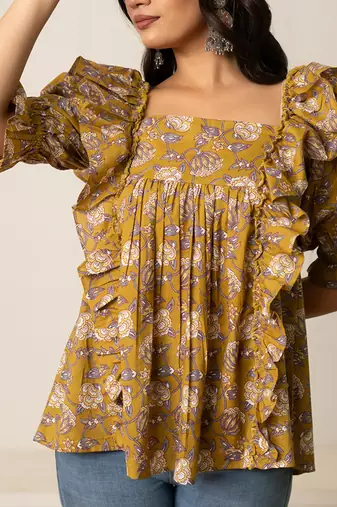 Mustard yellow printed cotton top