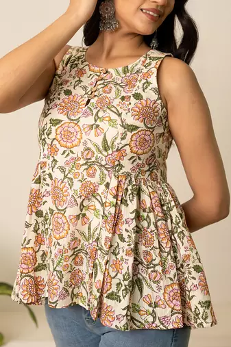Beige printed cotton top
