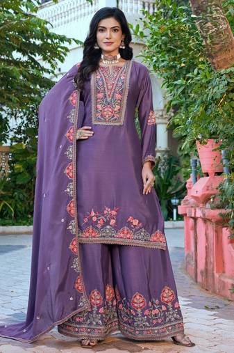 purple chinon embroidered palazzo suit set